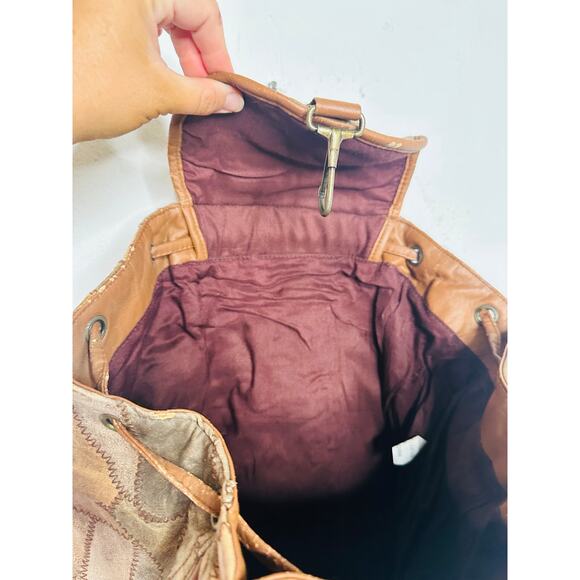 Vintage 1980s/90s Brown Leather Patchwork Clip Front Drawstring Backpack Bag - Picture 16 of 16